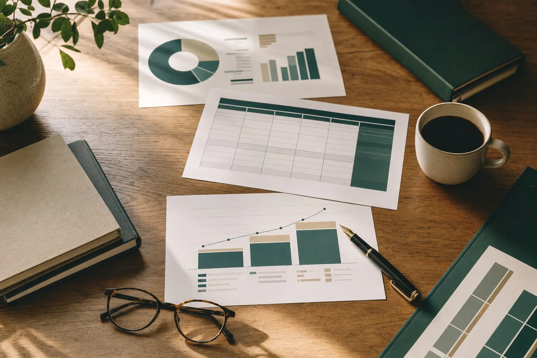 Pricing models and revenue charts laid out on a desk during a working session